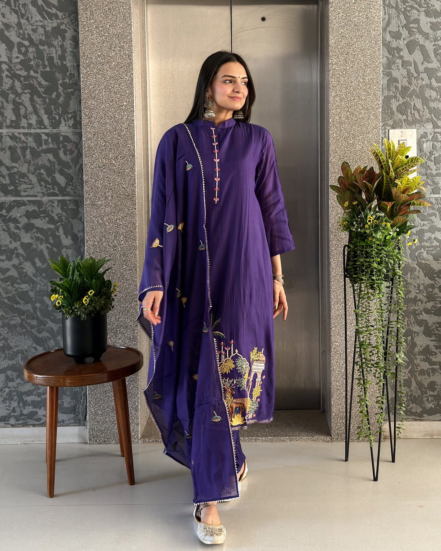 Dark Purple A Line Round Kurta Pant Set with Dupatta