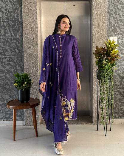 Dark Purple A Line Round Kurta Pant Set with Dupatta