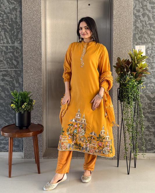 Mustard A Line Round Kurta Pant Set with Dupatta