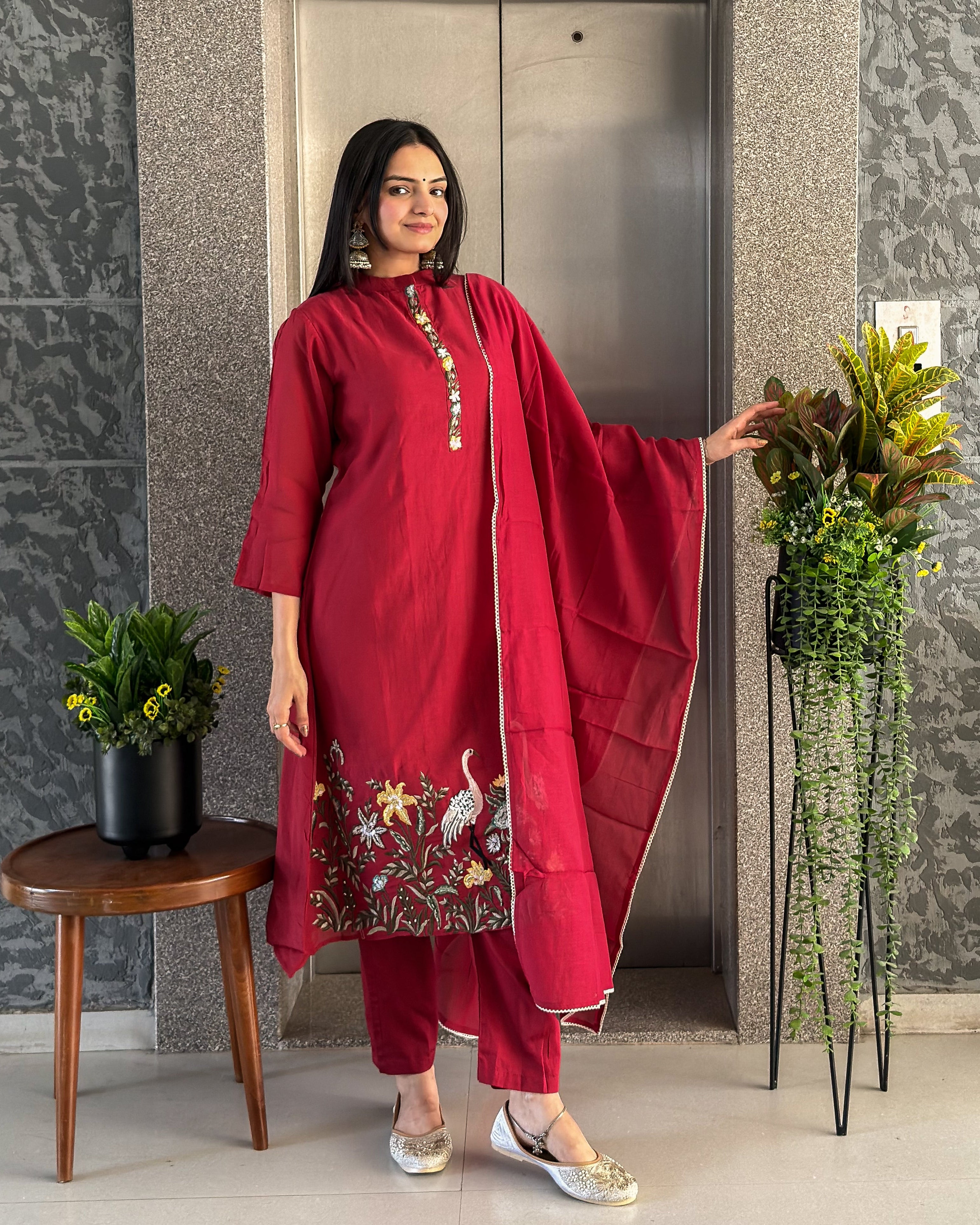 Red A Line Round Kurta Pant Set with Dupatta