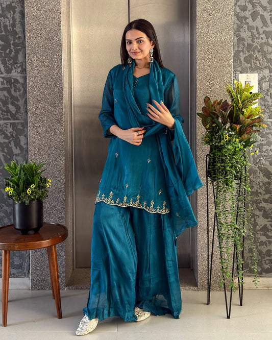 Rama Blue Short Kurta Palazzo Set with Dupatta