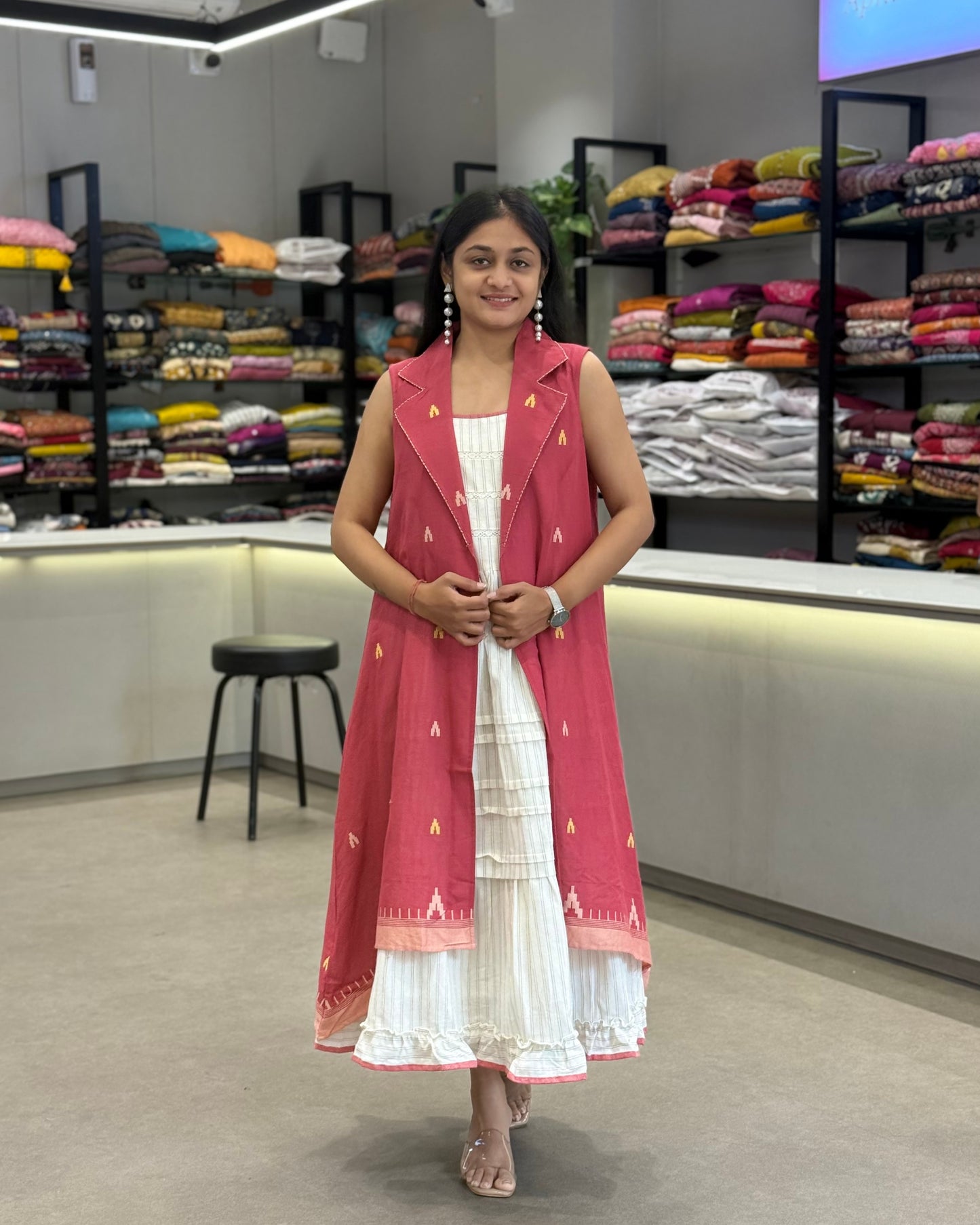 Off White One Piece With Pink Jacket Dress for Girls