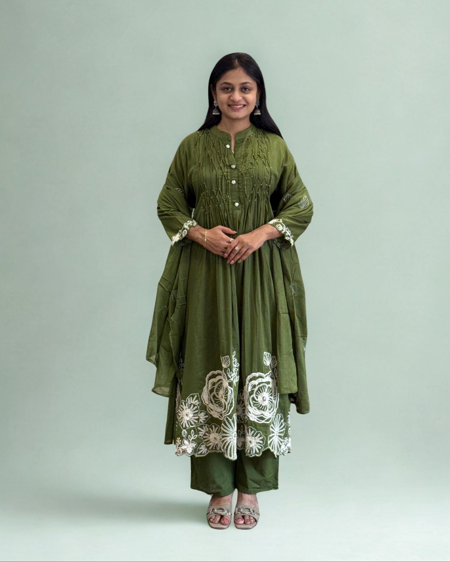 Mahendi Round Kurta Pant Set with Dupatta