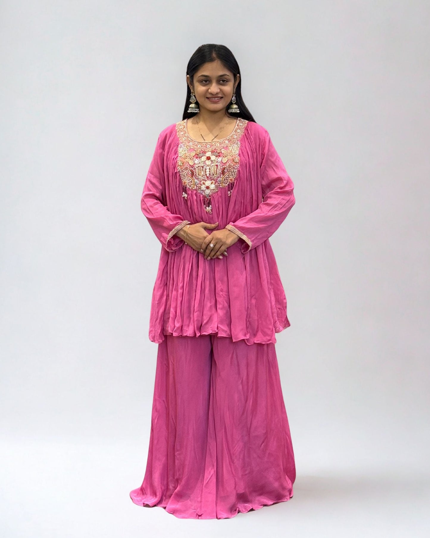 Pink Viscose Chinon Top and Plazzo Indo Western