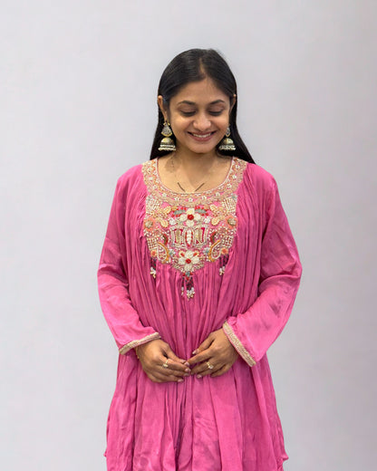 Pink Viscose Chinon Top and Plazzo Indo Western