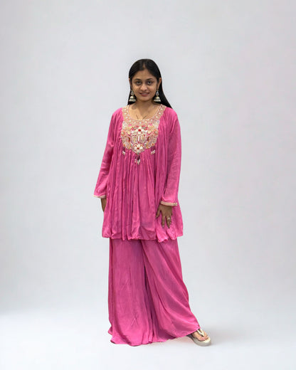 Pink Viscose Chinon Top and Plazzo Indo Western