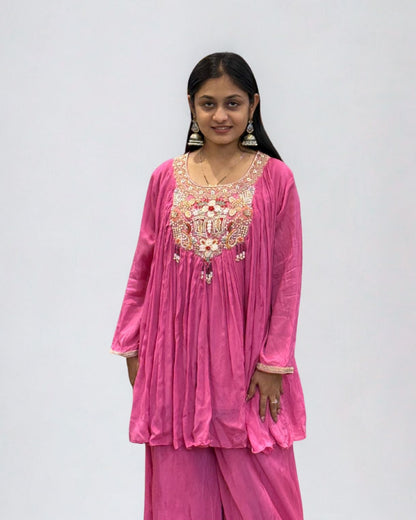 Pink Viscose Chinon Top and Plazzo Indo Western
