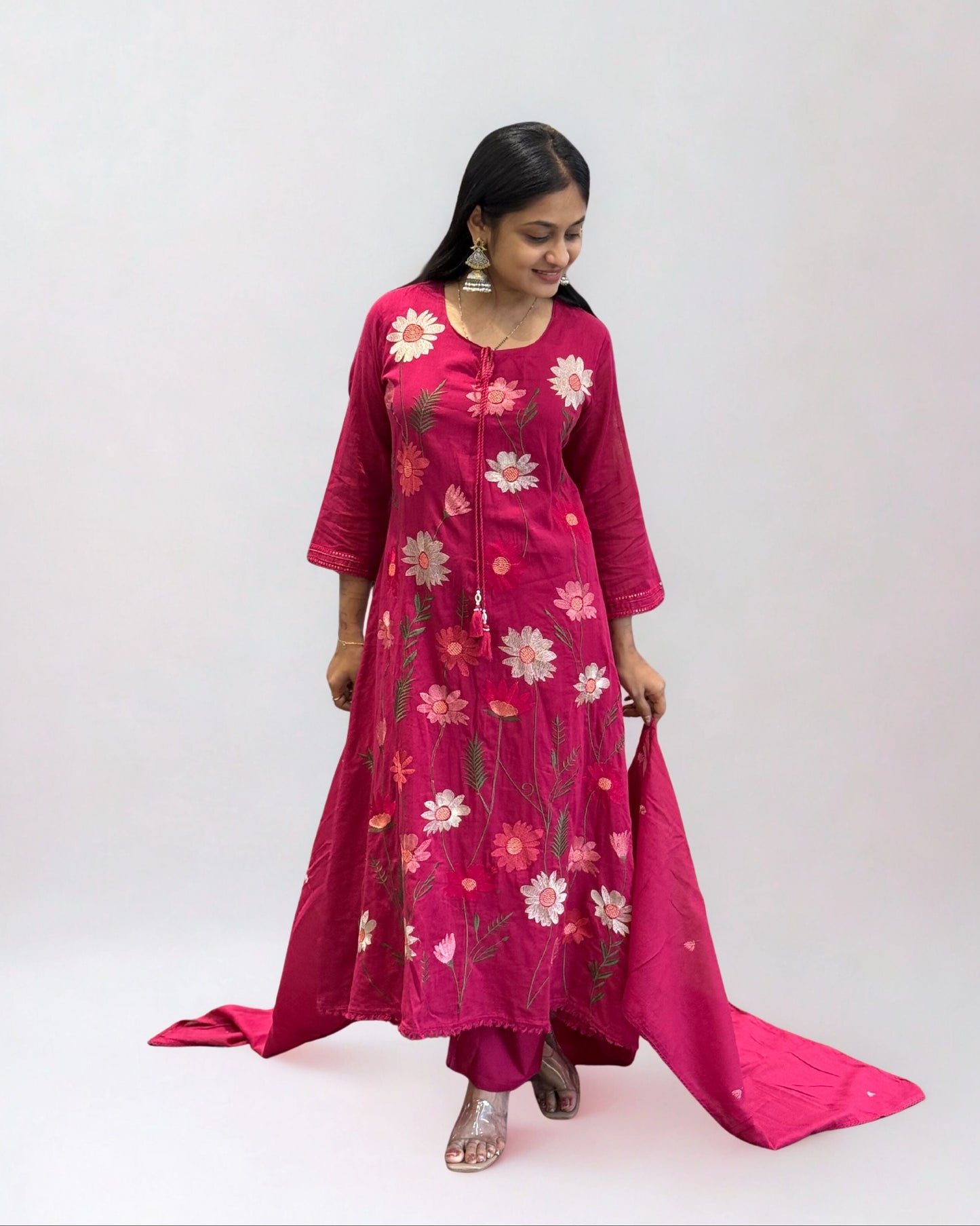 Pink A Line Mal Cotton Round Kurta Pant Set with Dupatta