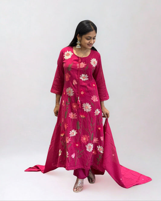 Pink A Line Mal Cotton Round Kurta Pant Set with Dupatta