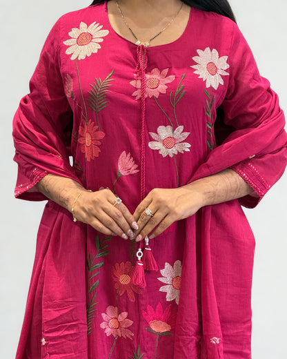 Pink A Line Mal Cotton Round Kurta Pant Set with Dupatta