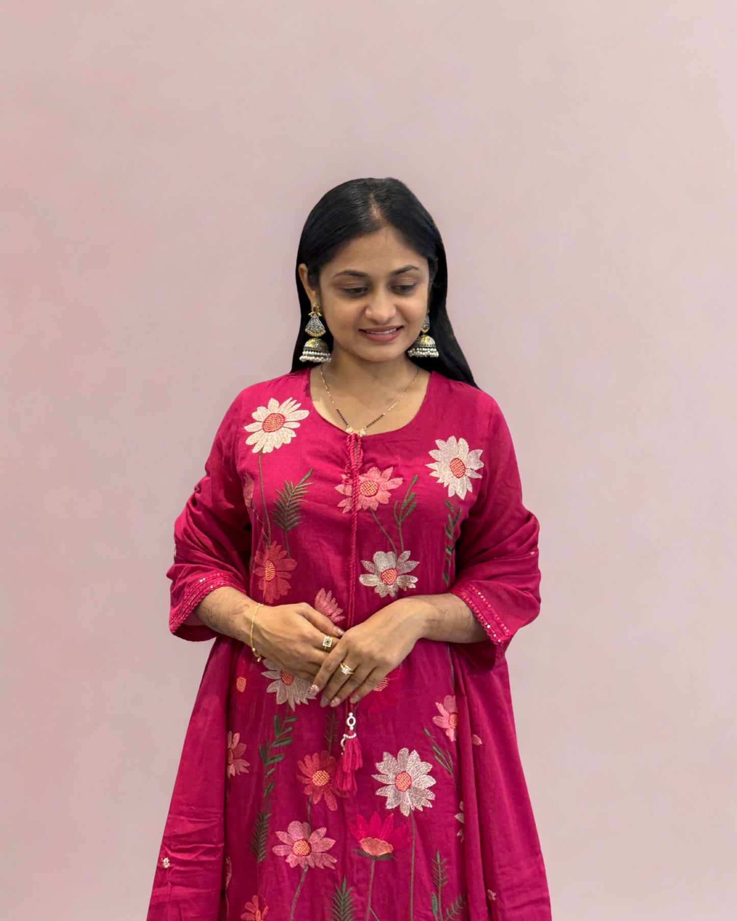 Pink A Line Mal Cotton Round Kurta Pant Set with Dupatta