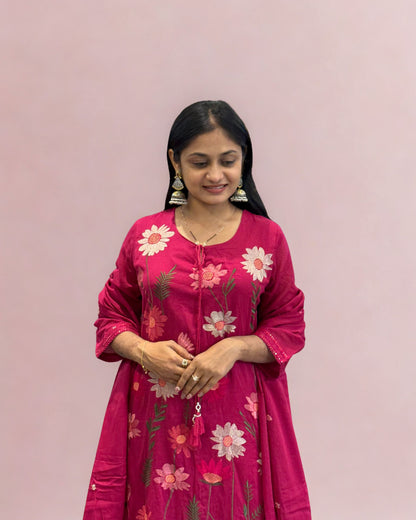 Pink A Line Mal Cotton Round Kurta Pant Set with Dupatta