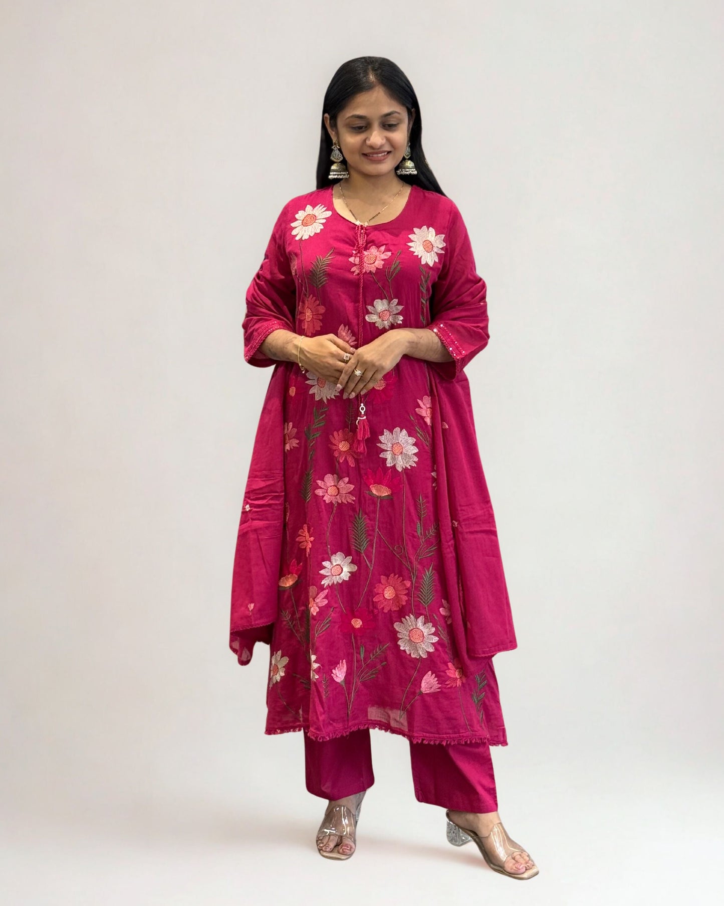 Pink A Line Mal Cotton Round Kurta Pant Set with Dupatta