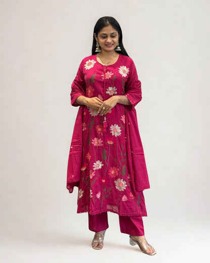 Pink A Line Mal Cotton Round Kurta Pant Set with Dupatta