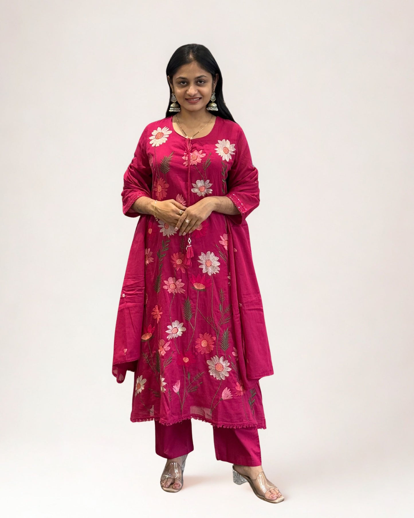 Pink A Line Mal Cotton Round Kurta Pant Set with Dupatta
