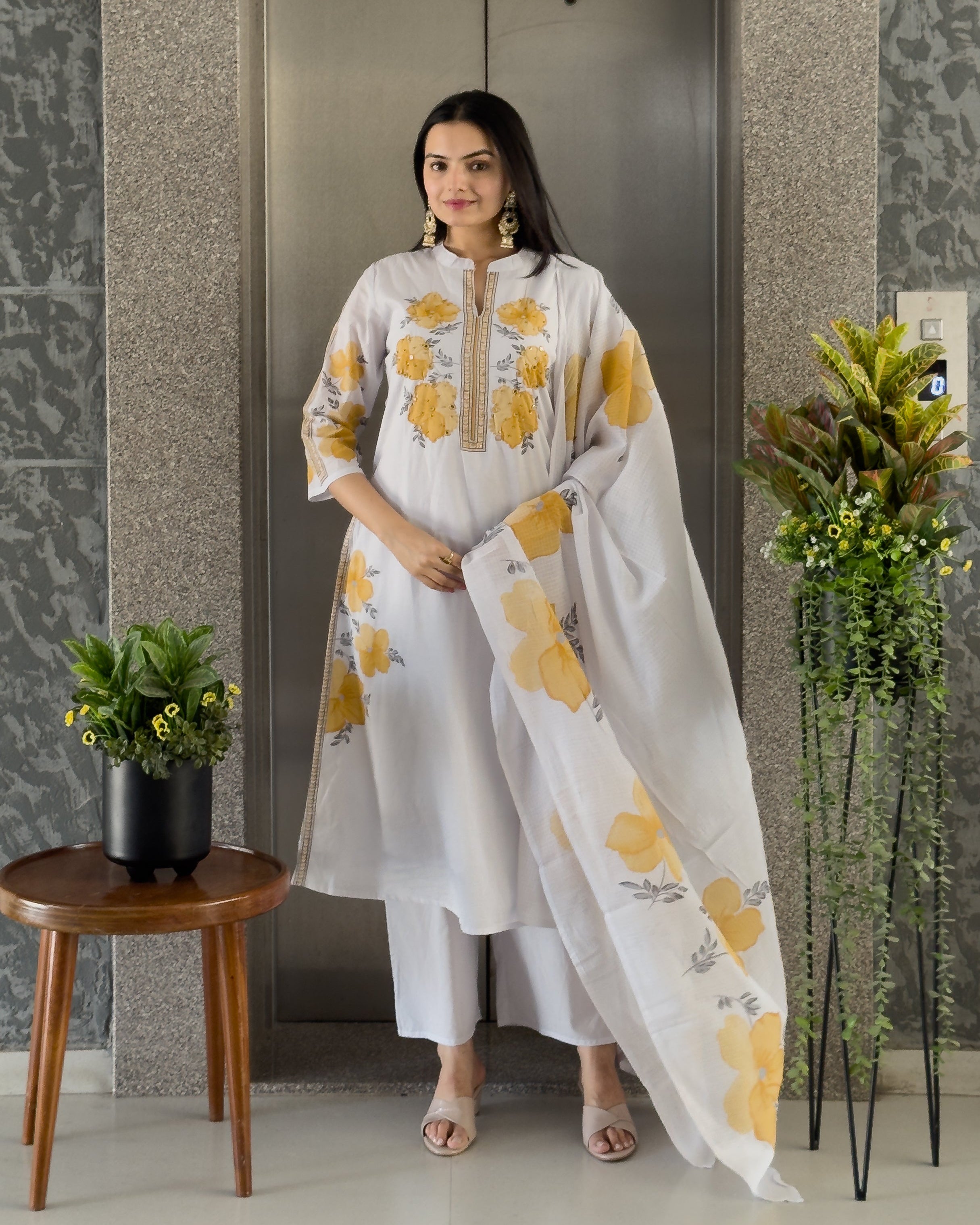 Grey A-Line Kurta Pant Set With Dupatta