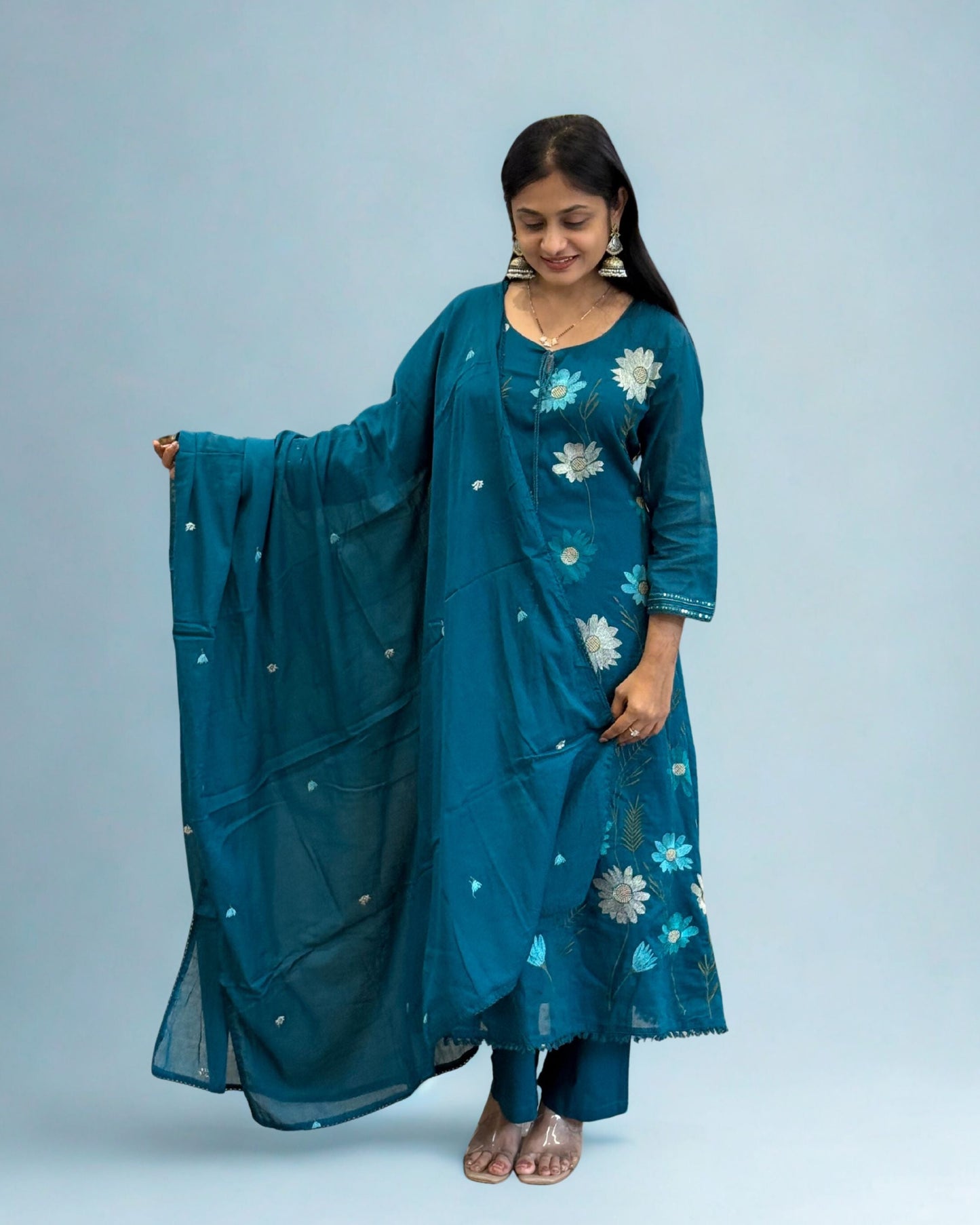 Rama Blue A Line Round Kurta Pant Set with Dupatta