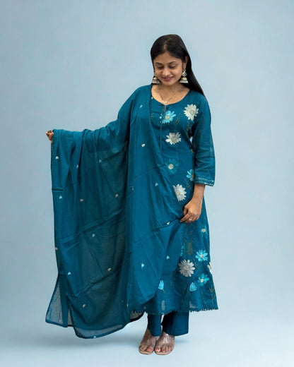 Rama Blue A Line Round Kurta Pant Set with Dupatta