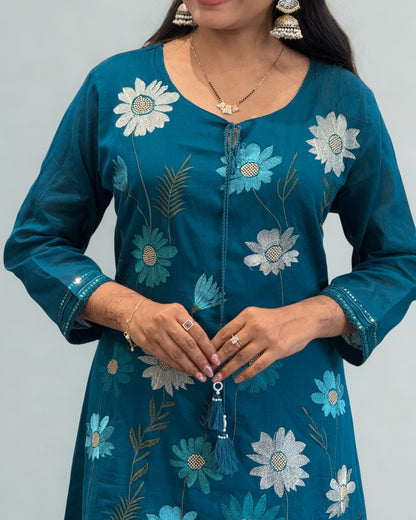 Rama Blue A Line Round Kurta Pant Set with Dupatta