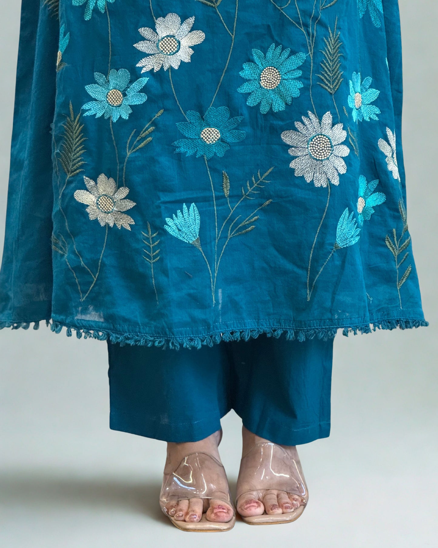 Rama Blue A Line Round Kurta Pant Set with Dupatta