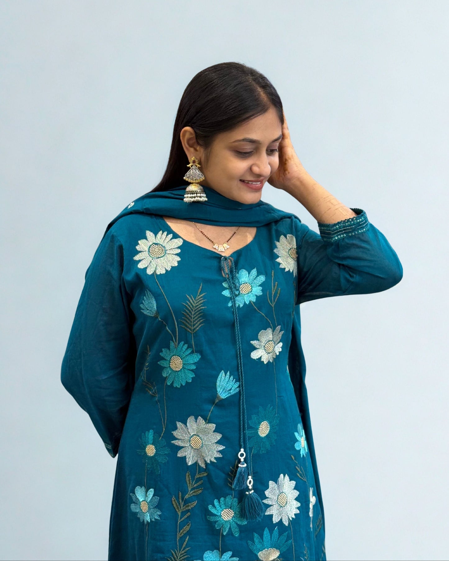 Rama Blue A Line Round Kurta Pant Set with Dupatta