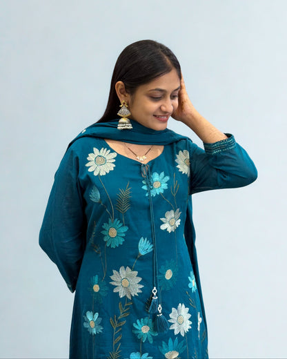 Rama Blue A Line Round Kurta Pant Set with Dupatta