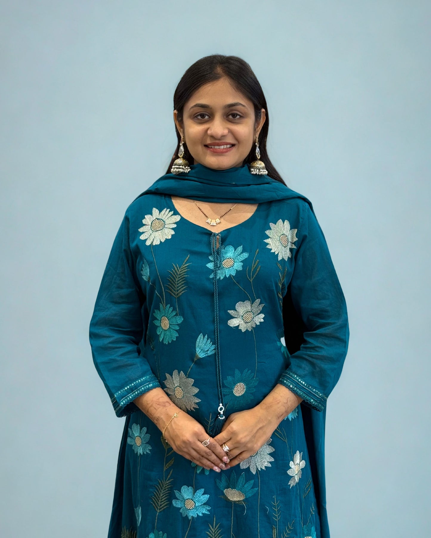 Rama Blue A Line Round Kurta Pant Set with Dupatta