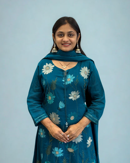 Rama Blue A Line Round Kurta Pant Set with Dupatta