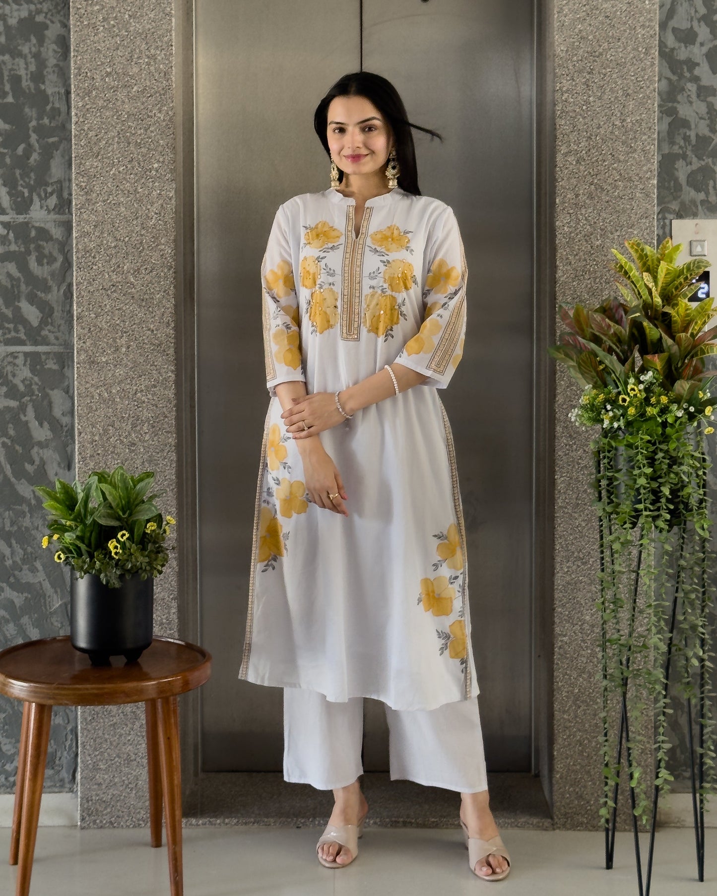 Grey A-Line Kurta Pant Set With Dupatta