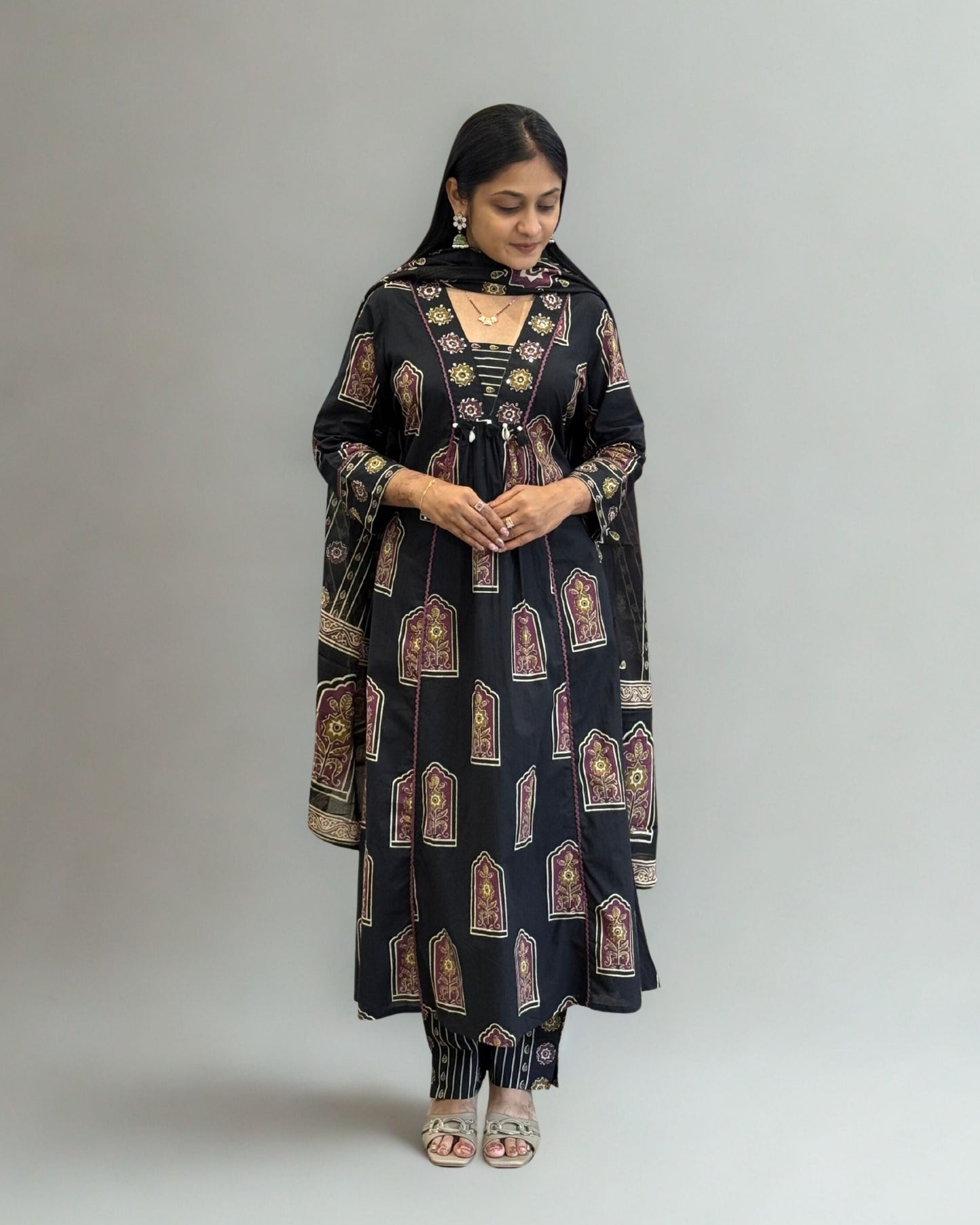 Black Cotton A Line Round Kurta Pant Set with Dupatta