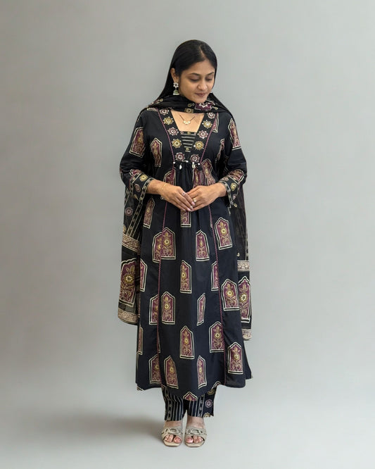 Black Cotton A Line Round Kurta Pant Set with Dupatta