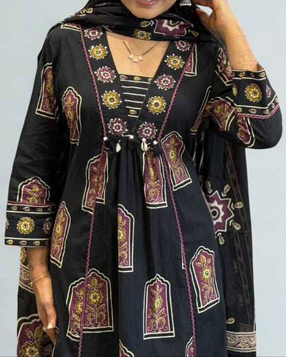 Black Cotton A Line Round Kurta Pant Set with Dupatta