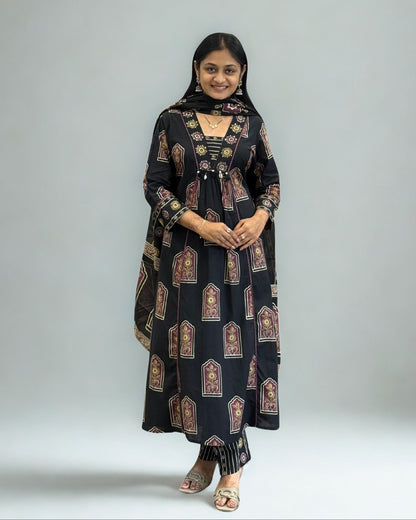 Black Cotton A Line Round Kurta Pant Set with Dupatta