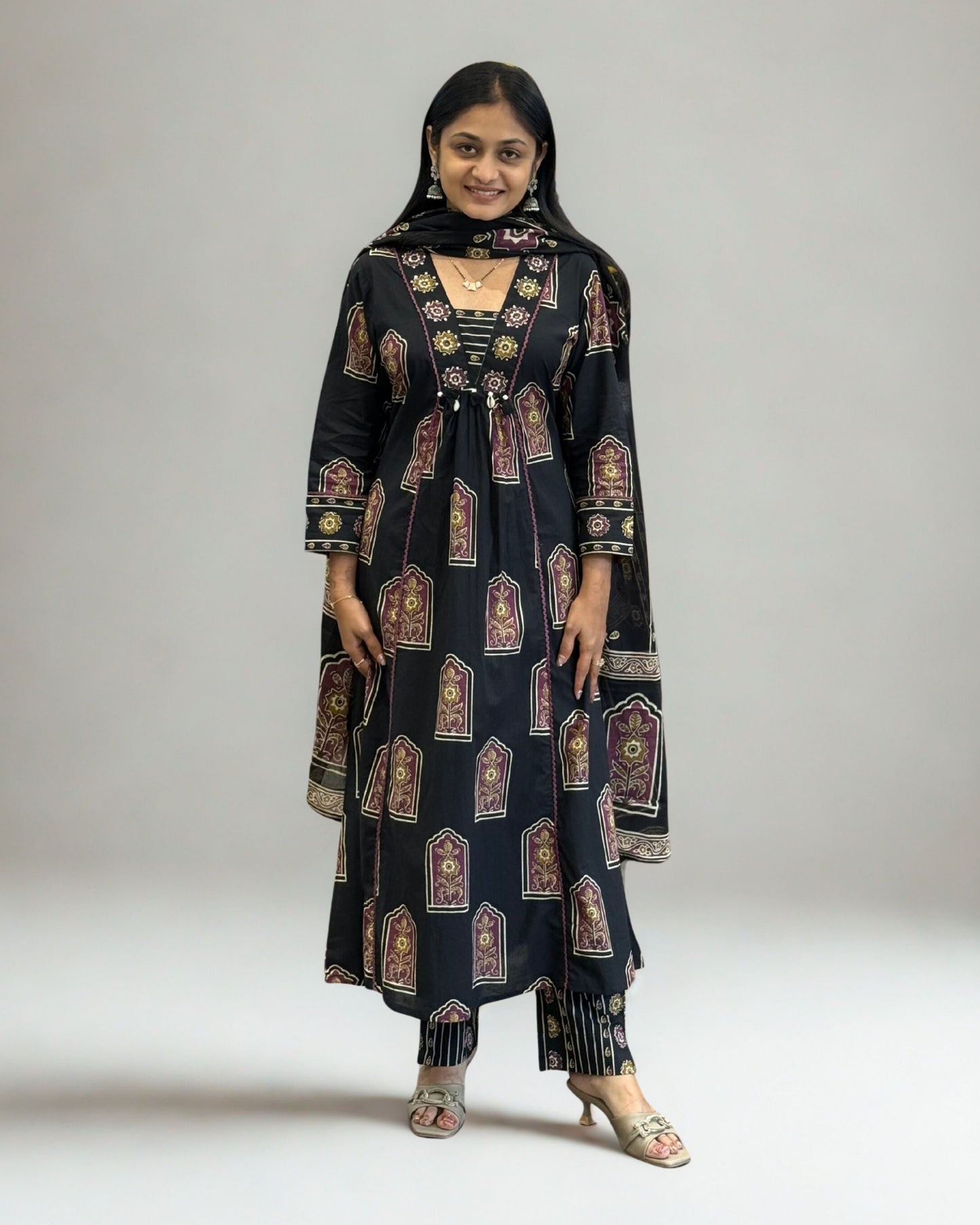 Black Cotton A Line Round Kurta Pant Set with Dupatta