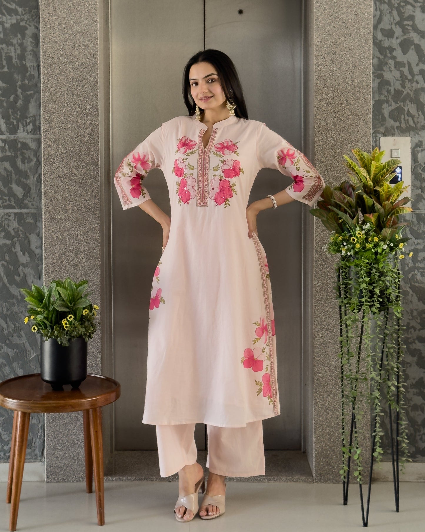Light Pink A-Line Round Kurta Pant Set With Dupatta