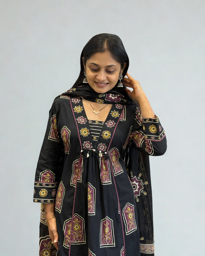 Black Cotton A Line Round Kurta Pant Set with Dupatta