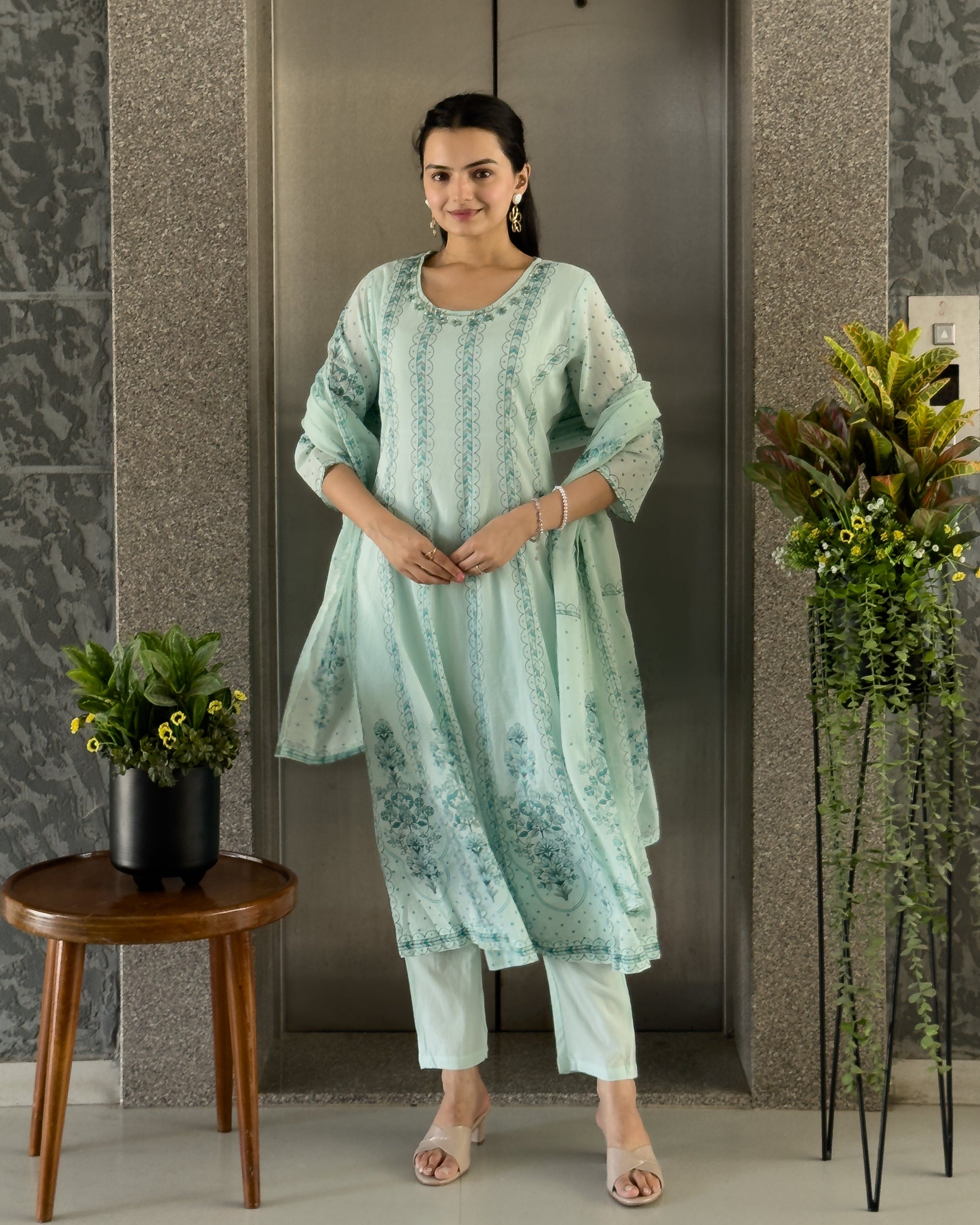 Sky A-Line Round Kurta Pant Set With Dupatta