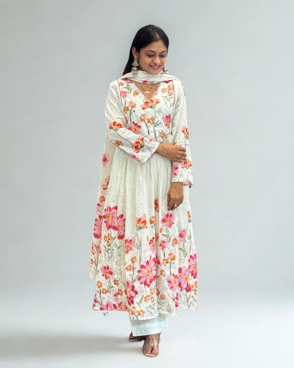 Light Pista Round Kurta Pant Set with Dupatta