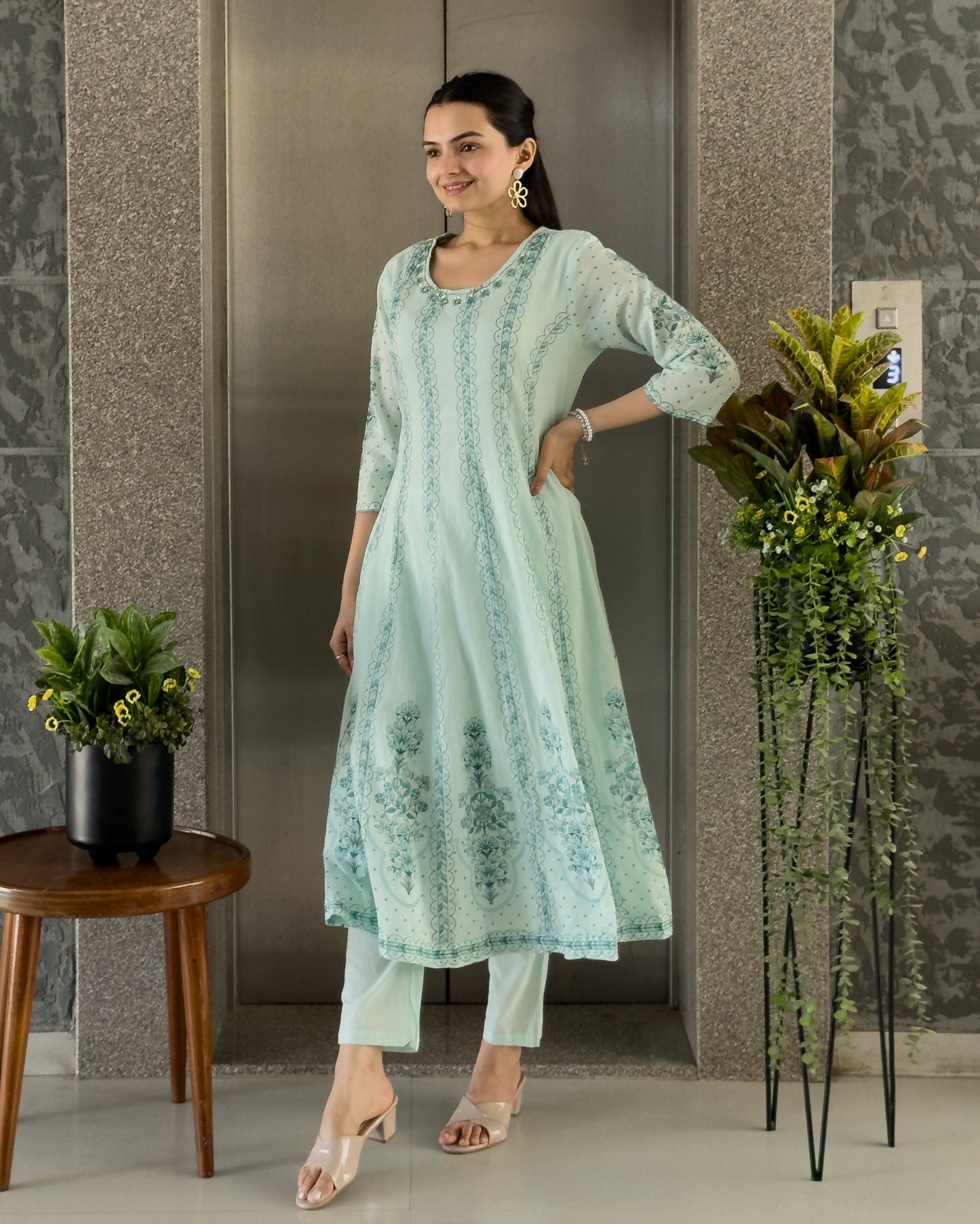 Sky A-Line Round Kurta Pant Set With Dupatta