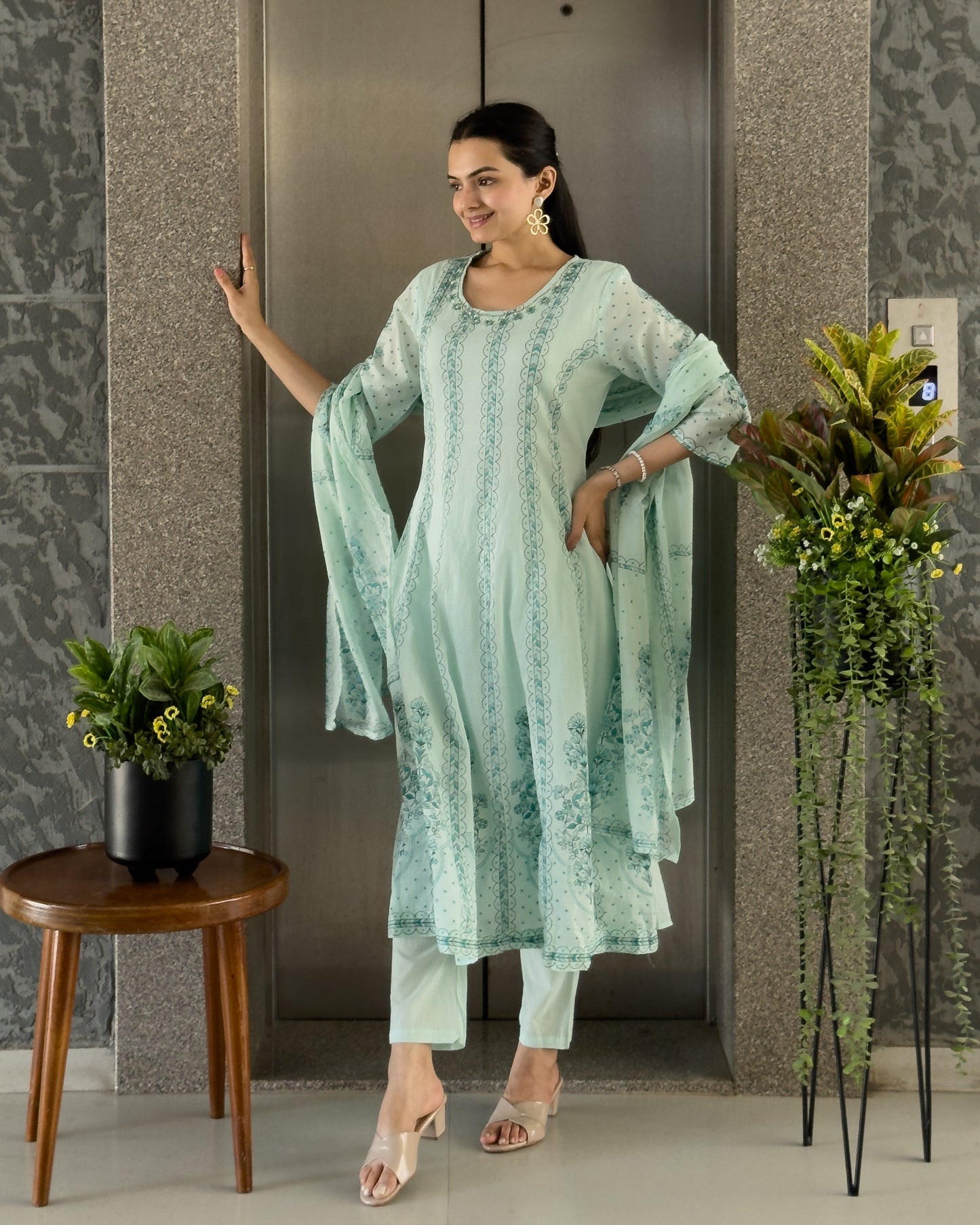 Sky A-Line Round Kurta Pant Set With Dupatta