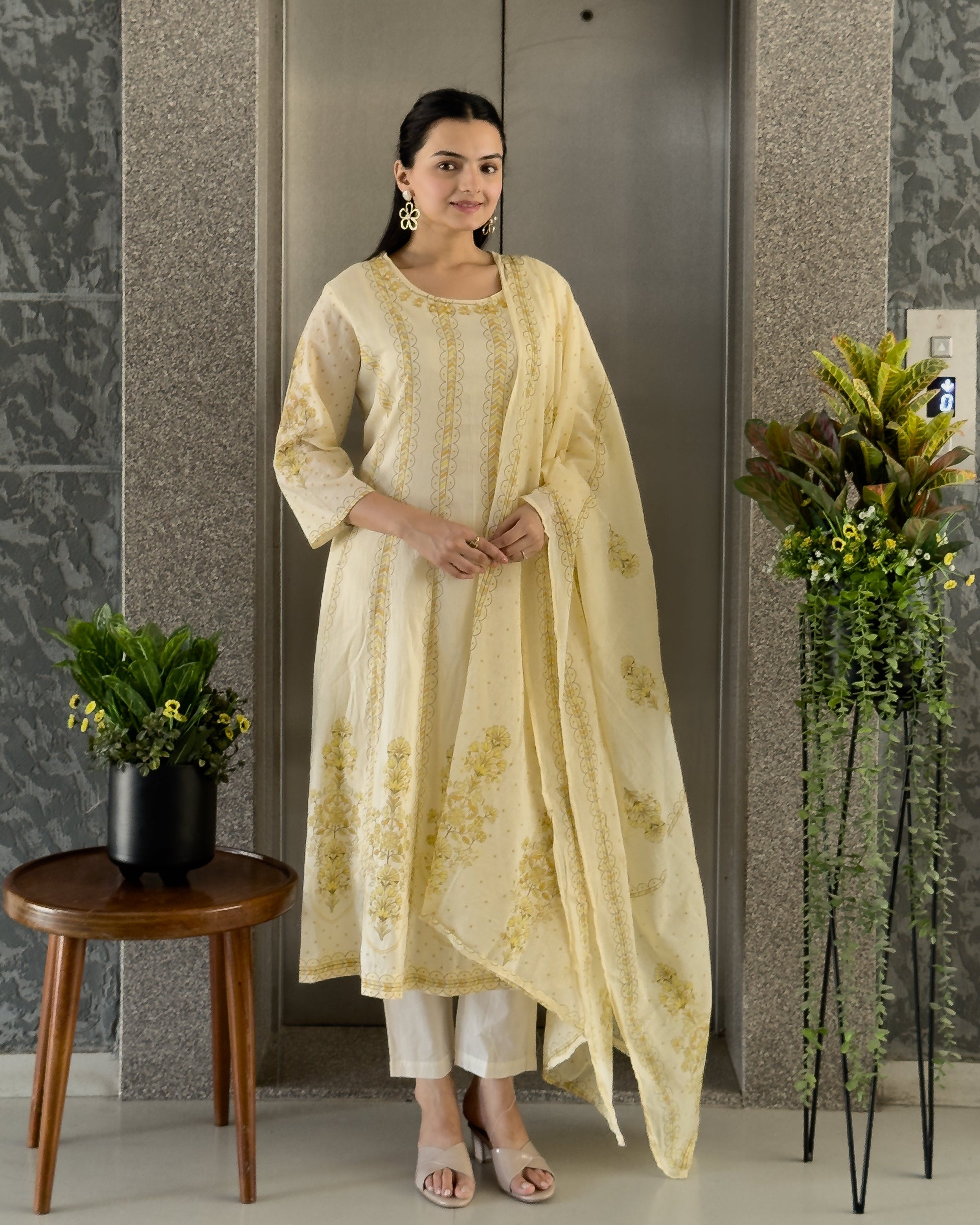Light Yellow A-Line Round Kurta Pant Set With Dupatta