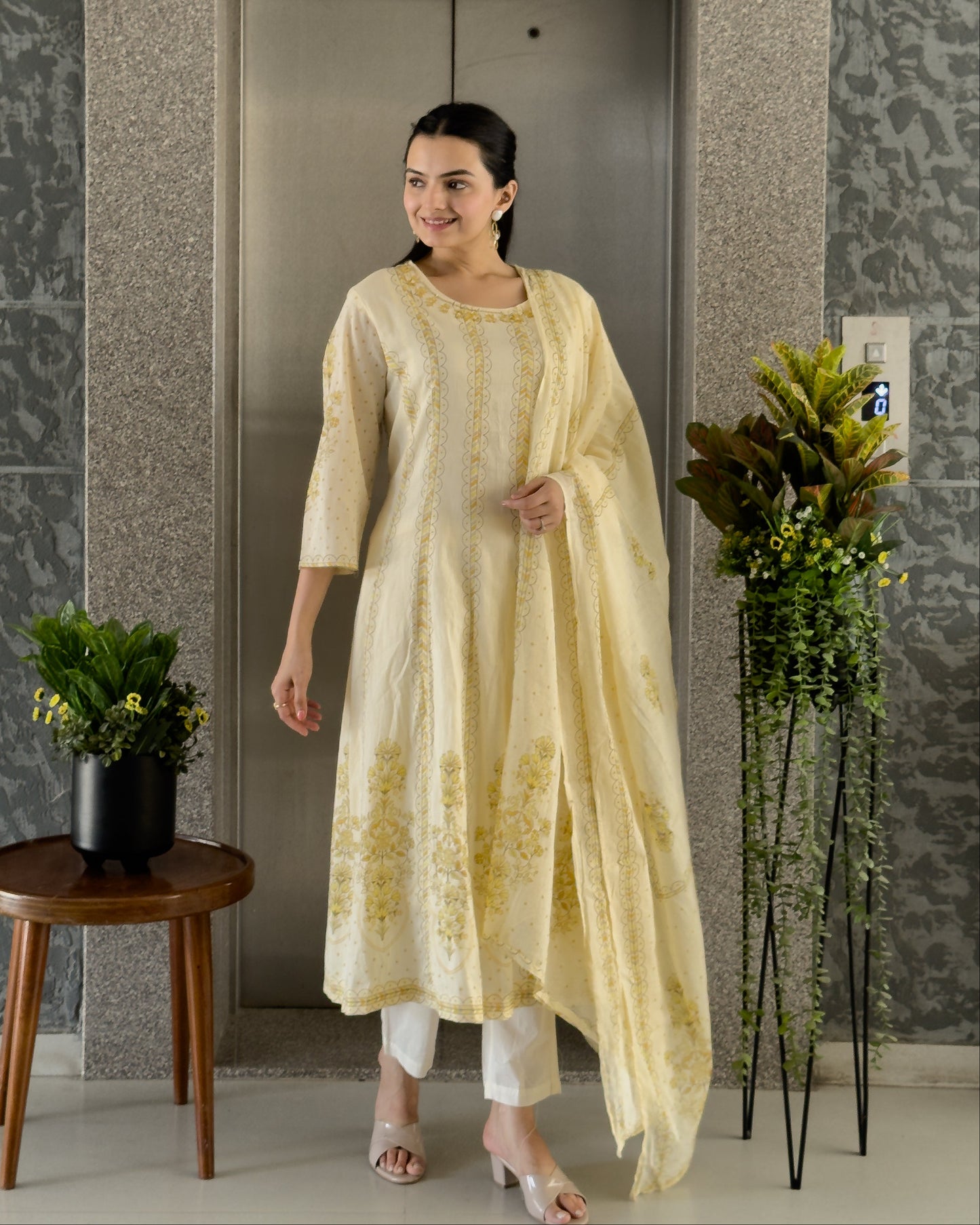 Light Yellow A-Line Round Kurta Pant Set With Dupatta