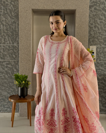 Baby Pink A-Line Round Kurta Pant Set With Dupatta