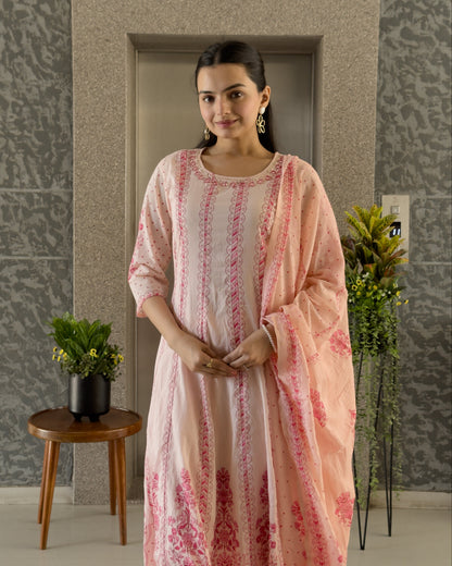Baby Pink A-Line Round Kurta Pant Set With Dupatta