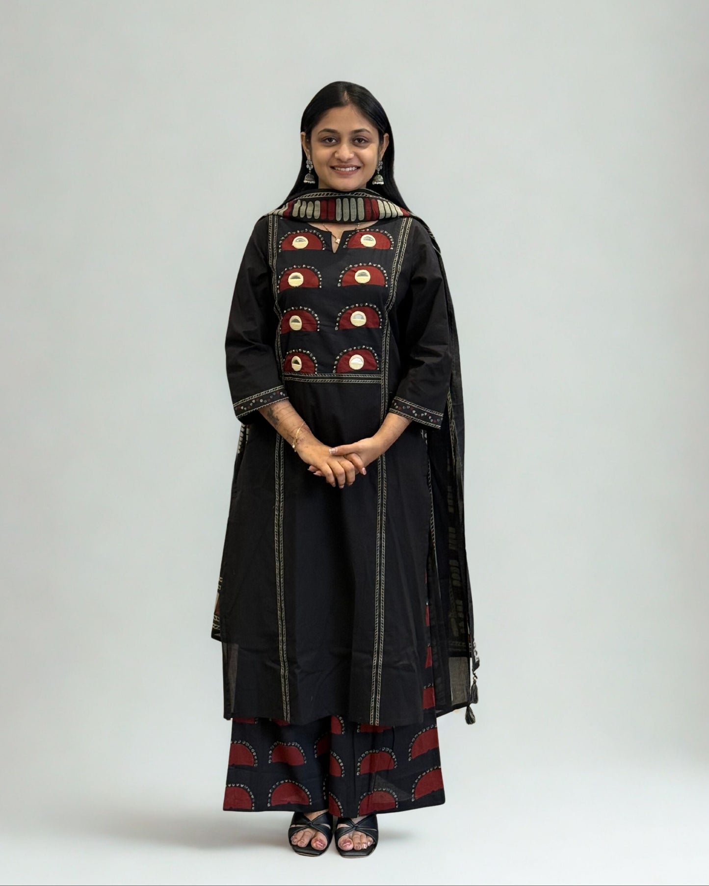 Black Cotton A Line Kurta Pant Set with Dupatta