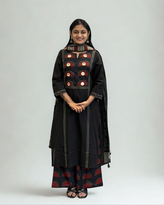 Black Cotton A Line Kurta Pant Set with Dupatta