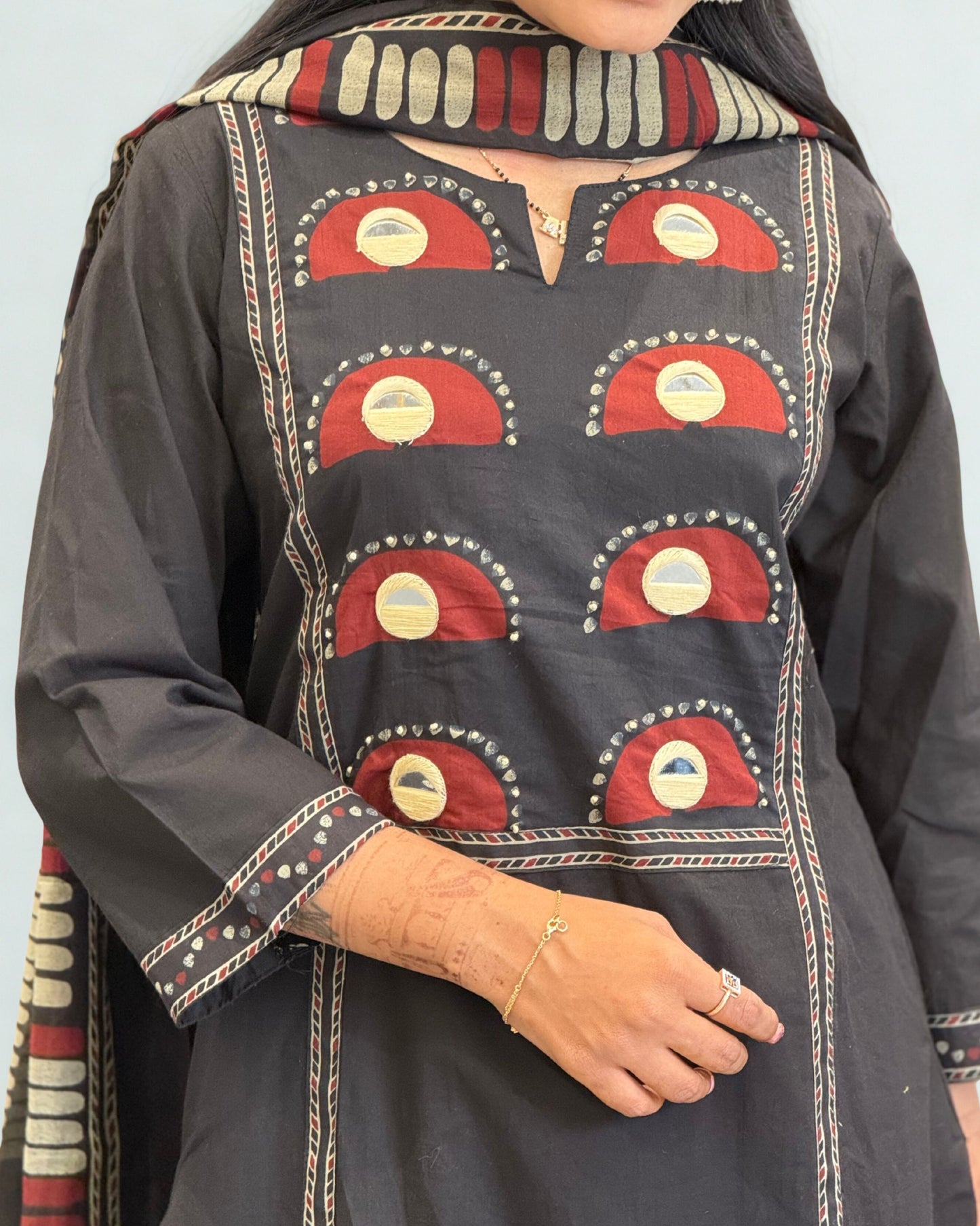 Black Cotton A Line Kurta Pant Set with Dupatta