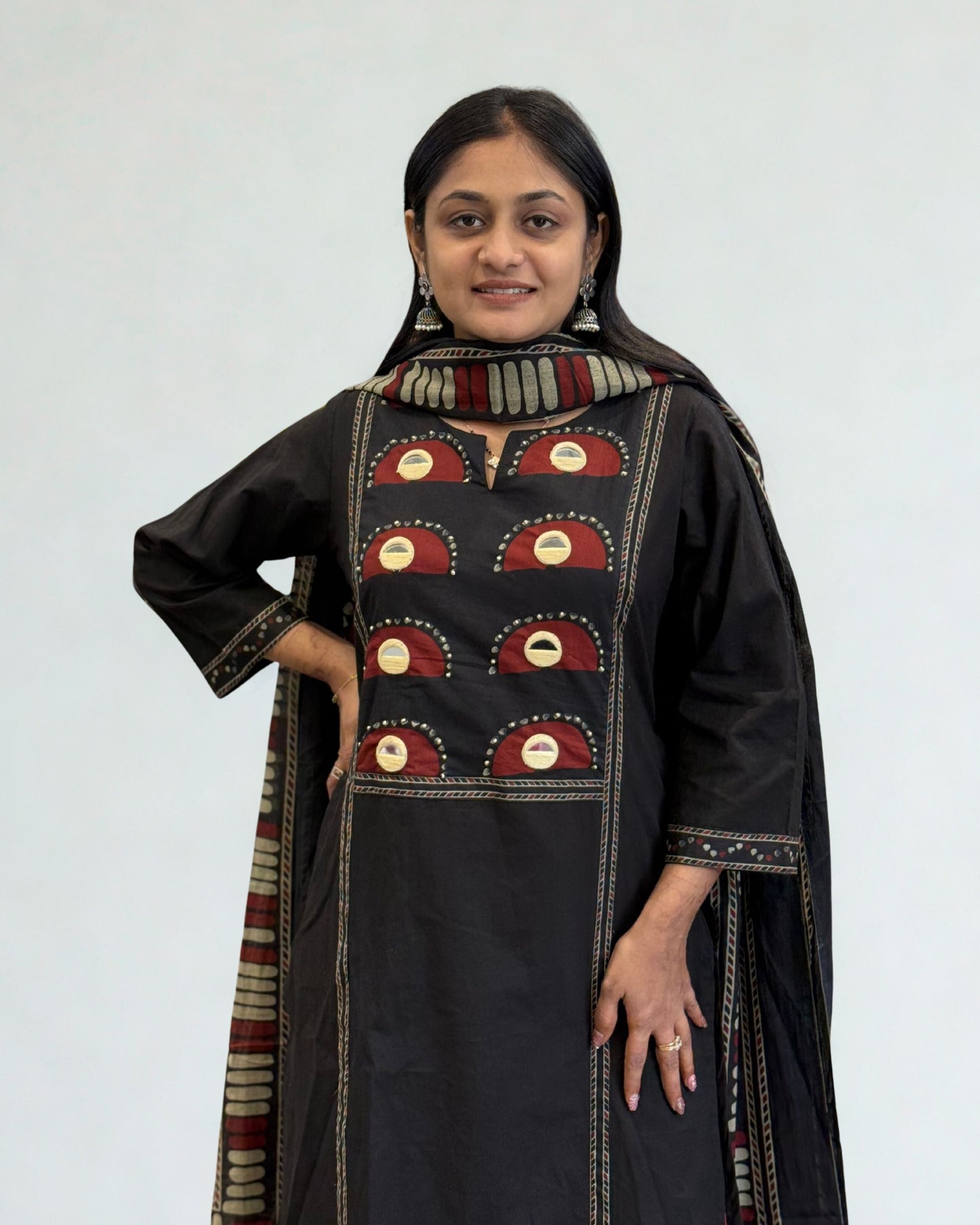 Black Cotton A Line Kurta Pant Set with Dupatta