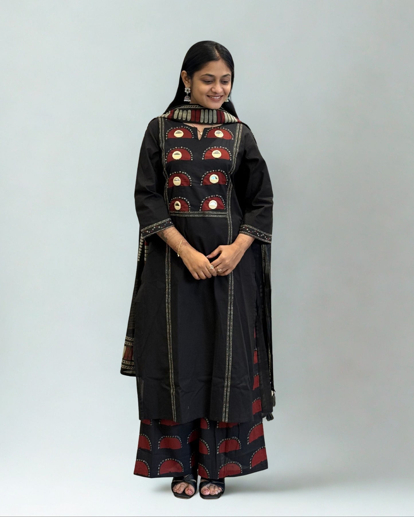 Black Cotton A Line Kurta Pant Set with Dupatta