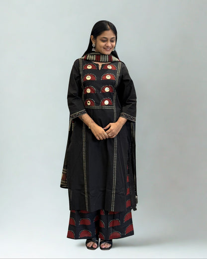 Black Cotton A Line Kurta Pant Set with Dupatta